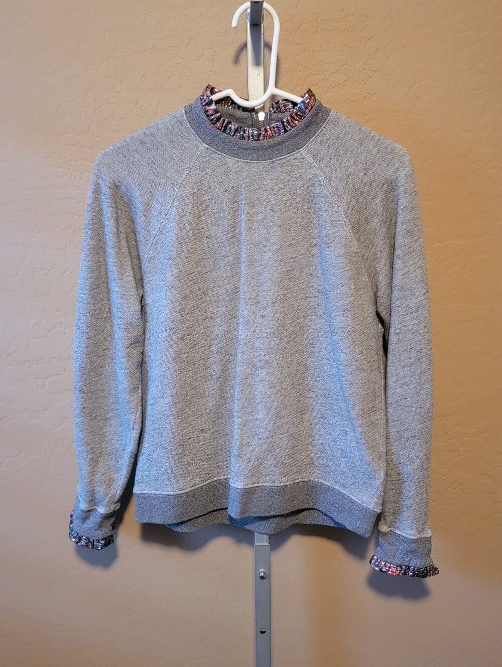 J.Crew Gray Waffle-Knit Sweatshirt featuring Metallic Ruffle Collar and Cuffs